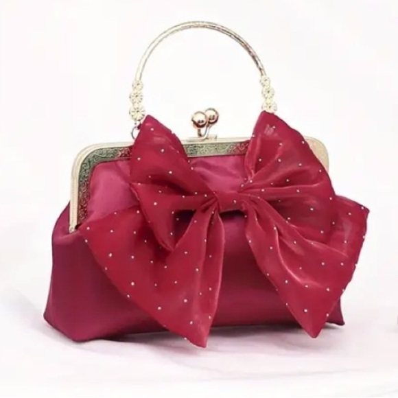 NWT Burgundy Satin Bowknot Rhinestone Elegant Evening Bag - Picture 1 of 5